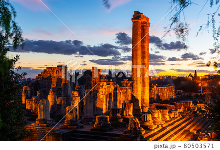 Lighted ruins of Apollo Temple at Didyma at dusk, Turkey 80503571