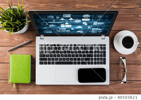 Business still life concept with office stuff on wooden table Business still life concept with office stuff on wooden table 80503621