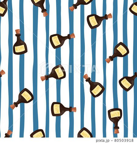 Rum bottle seamless pattern on blue stripe background. Pirate drink wallpaper. 80503918