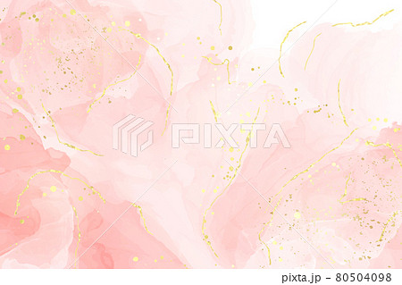 Abstract rose blush liquid watercolor background with golden lines, dots and stains. Pastel marble alcohol ink drawing effect. Vector illustration design template for wedding invitation 80504098