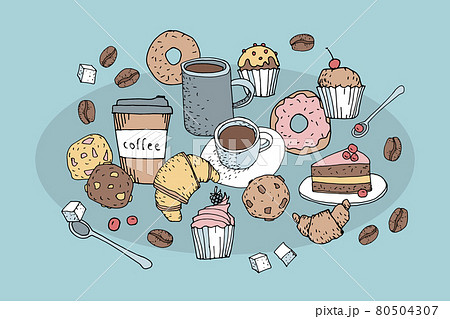 Coffee store hand drawn set. Sketch line art sweet pastry hot fresh breakfast. Organic coffee bean Coffee store hand drawn set. Sketch line art sweet pastry hot fresh breakfast. Organic coffee bean 80504307