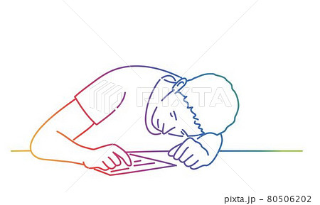 Bored man, tired and exhausted student sits with his head on the table. 80506202