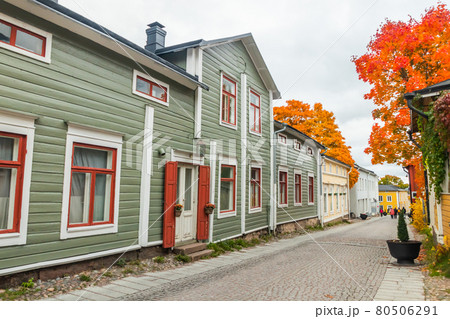 Porvoo, Finland - 2 October 2019: Street of Old Porvoo, Finland. Beautiful city autumn landscape with colorful wooden buildings. 80506291