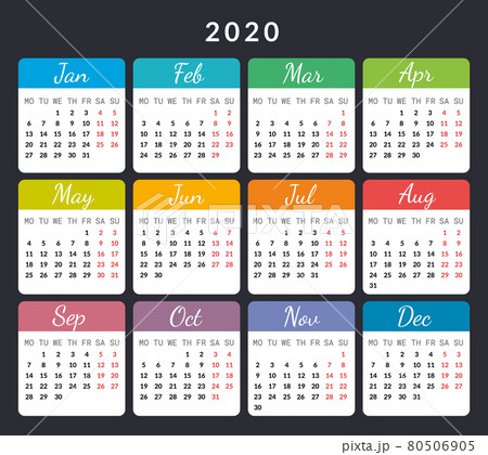 2020 year calendar cards isolated on dark background vector illustration with colored months and days. Vector design planner for 12 months. Print use 80506905