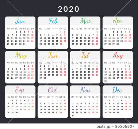 2020 year calendar cards isolated on dark background vector illustration with colored months and days. Vector design planner for 12 months. Print use 2020 year calendar cards isolated on dark background vector illustration with colored months and days. Vector design planner for 12 months. Print use 80506907