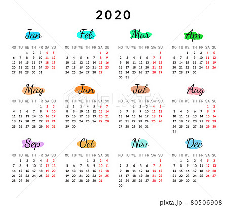 2020 year calendar cards isolated on dark background vector illustration with colored months and days. Vector design planner for 12 months. Print use 80506908