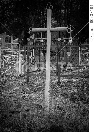 Old cross in graveyard. Black and white tone 80507484