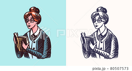 Librarian woman with glasses and a book. Literature concept. School teacher. Vintage retro signs 80507573