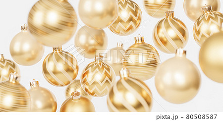 Christmas or New Year holidays banner background with golden baubles or ornaments, 3d render 80508587