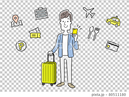 ベクターイラスト素材：旅行先でスマホのアプリを活用する若い男性 80511180