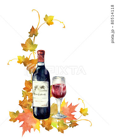 赤ワインと紅葉の葉 水彩イラスト 赤ワインと紅葉の葉 水彩イラスト 80514118