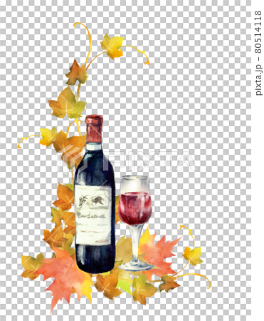 赤ワインと紅葉の葉 水彩イラスト 赤ワインと紅葉の葉 水彩イラスト 80514118