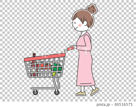 ショッピングカートで買い物をする女性のイラストのイラスト素材