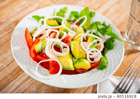 Healthy vegan salad with avocado, arugula and tomato Healthy vegan salad with avocado, arugula and tomato 80516928