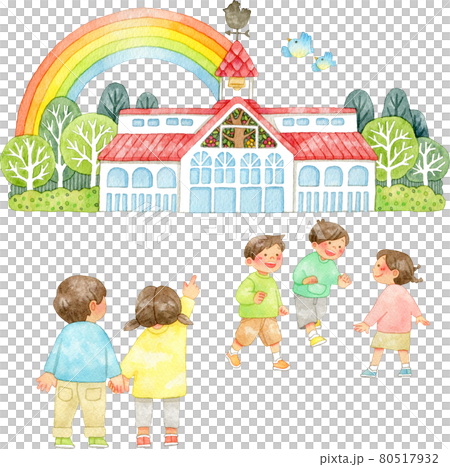 風見鶏のある建物の前で遊ぶ子供たちと虹の水彩イラスト 風見鶏のある建物の前で遊ぶ子供たちと虹の水彩イラスト 80517932
