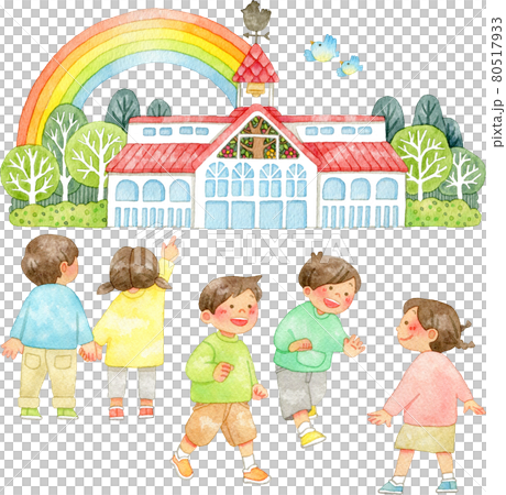 風見鶏のある建物の前で遊ぶ子供たちと虹の水彩イラスト 80517933