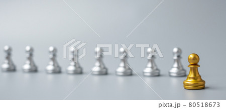 Gold Chess Pawn figure Stand out from the crowd on Chessboard background. Strategy, leadership, business, teamwork, different, Unique and Human resource management concept 80518673