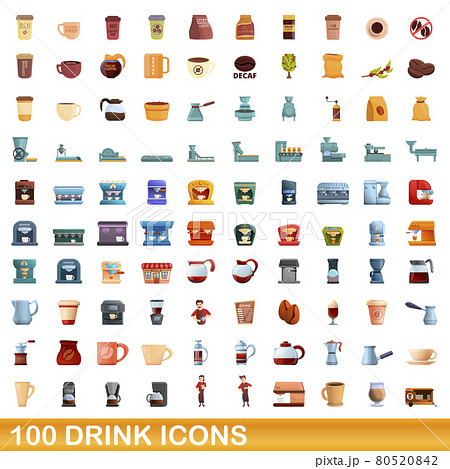 100 drink icons set, cartoon style 100 drink icons set, cartoon style 80520842