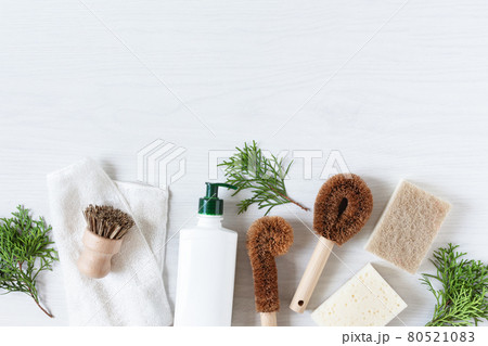 Set of different bio organic detergent products and eco-friendly bamboo brushes for home cleaning top view. 80521083