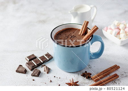 Spicy hot chocolate with cinnamon and star anise in enamel blue mug on white background. 80521124