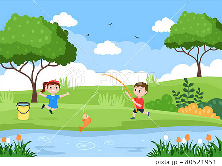Children Fishing Fish By The River While Enjoying Quality Time At Summer Day With Hill Or Mountain View. Vector Illustration 80521951