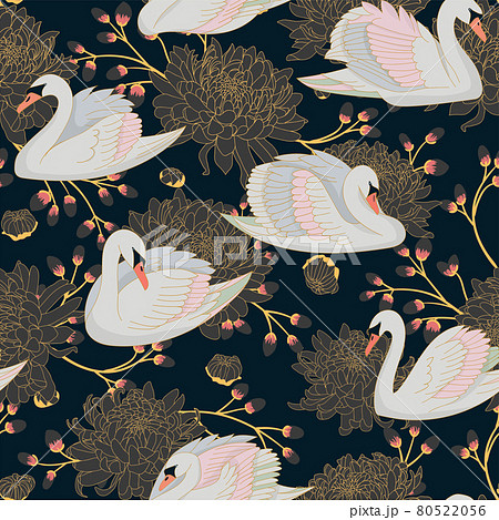 Beautiful seamless natural pattern with pastel color swans and beautiful big chrysanthemums. Beautiful seamless natural pattern with pastel color swans and beautiful big chrysanthemums. 80522056