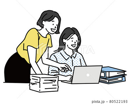 引継ぎ、教育、指導をする女性のイラスト(先輩、上司、資料作成、ワークフロー、仕事の手順、ビジネス)  80522193