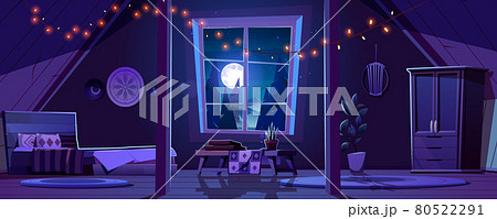 Bedroom interior in boho style on attic at night 80522291