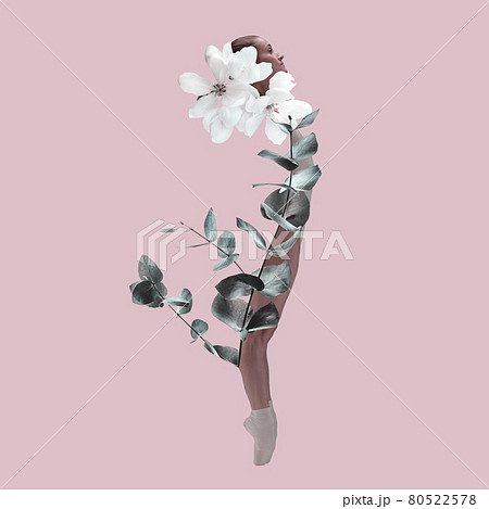 Flowers as body. Contemporary art collage. Surrealism, minimalism in art. 80522578