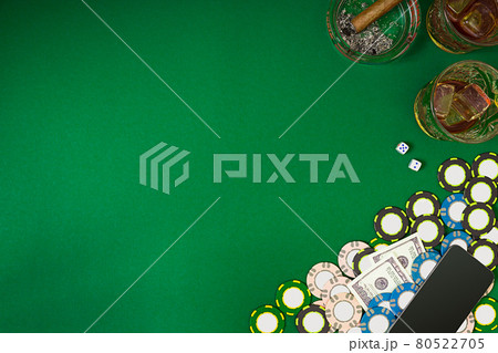 View from above with copy space. Banner template layout mockup for online casino. Green table, top view on workplace. View from above with copy space. Banner template layout mockup for online casino. Green table, top view on workplace. 80522705