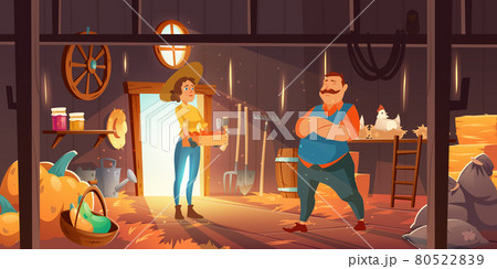 Farmers in barn with chickens, straw and pumpkins Farmers in barn with chickens, straw and pumpkins 80522839