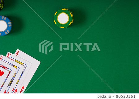 Banner template layout mockup for online casino. Green table, top view on workplace. 80523361