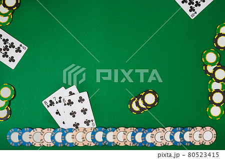 Banner template layout mockup for online casino. Green table, top view on workplace. Banner template layout mockup for online casino. Green table, top view on workplace. 80523415