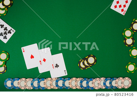 Poker. Banner template layout mockup for online casino. Green table, top view on workplace. Poker. Banner template layout mockup for online casino. Green table, top view on workplace. 80523416