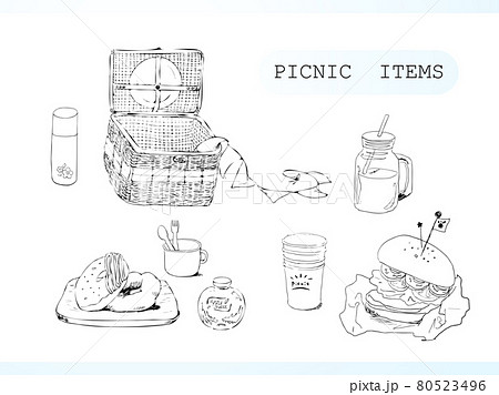 ピクニックアイテムセット ドーナツやハンバーガー のイラスト素材