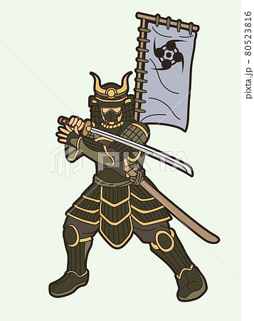 Samurai Warrior or Ronin Japanese Fighter Action with Armor and Weapon Cartoon Graphic Vector 80523816