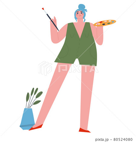 Girl with brush and paint standing. Artist with blue hair. Flat vector illustration. Girl with brush and paint standing. Artist with blue hair. Flat vector illustration. 80524080