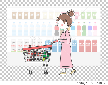 ショッピングカートで買い物をする女性のイラストのイラスト素材