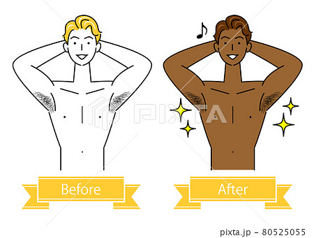 日焼サロンで小麦色のお肌にボディメイクするビフォーアフター 可愛い男性のイラスト シンプル ベクター 80525055