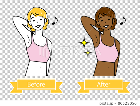 一個可愛的女人在曬黑沙龍的棕褐色皮膚上做身體前後的插圖簡單矢量 80525056