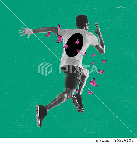 Modern art collage. Minimalism in artwork. Butterflies and sports. 80526106