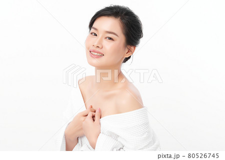 Beautiful young asian woman with clean fresh skin on white background, Face care, Facial treatment, 80526745