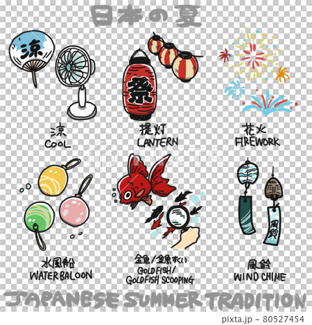 風鈴や花火等の夏の風物詩のセット 80527454