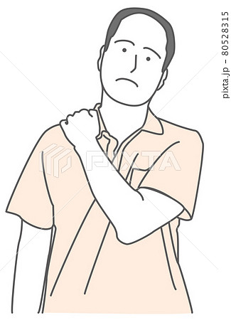 シャツを着た禿げた男性が 自分の肩を押さえるイラストのイラスト素材