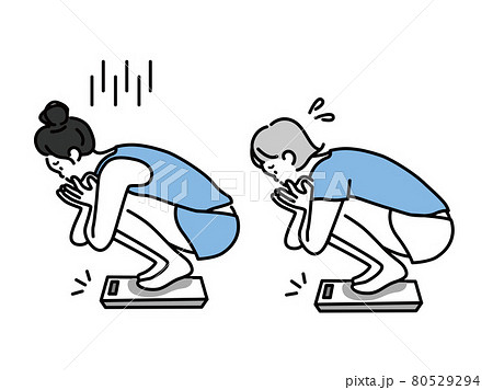 ダイエットしてる女性のイラスト(太った、体型維持、体重計、体重増加、食べ過ぎ、健康管理、食生活) 80529294