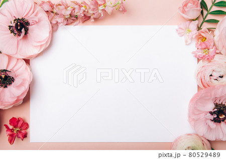 Ranunculus flowers around white card, space for text 80529489