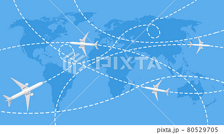Trajectories of passenger aircraft on the blue world map 80529705