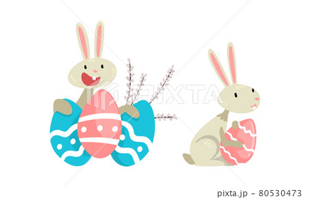 Funny Easter Bunny with Long Ears and Grey Coat with Decorated Eggs Vector Set 80530473