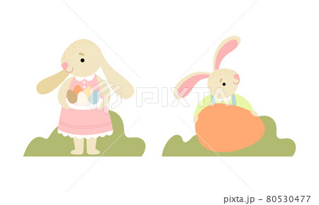 Cute Easter Bunny with Long Ears Holding Egg Vector Set 80530477
