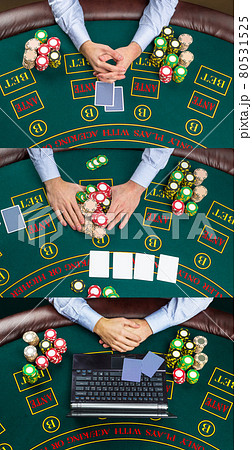 Closeup of poker player with playing cards, laptop and chips 80531525